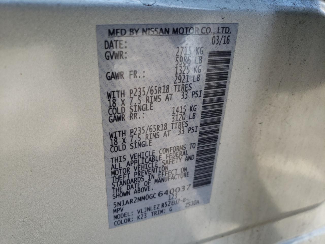 Photo 10 from auction – 2016 NISSAN PATHFINDER with VIN 5N1AR2MM0GC640037