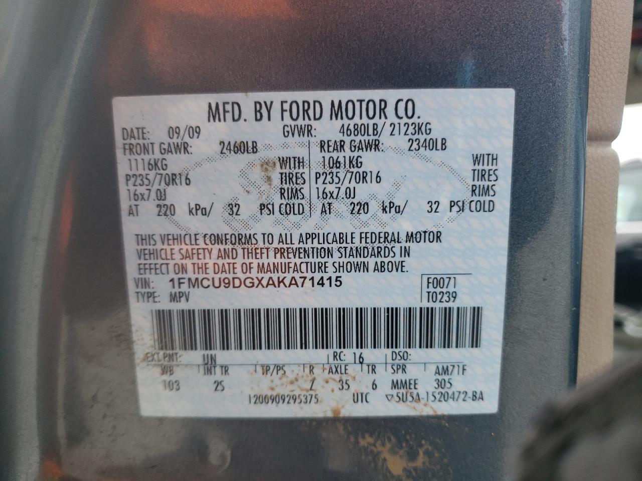 Photo 10 from auction – 2010 FORD ESCAPE XLT with VIN 1FMCU9DGXAKA71415