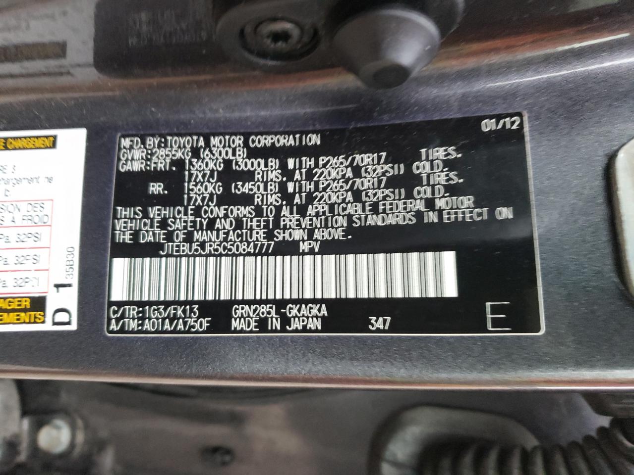 Photo 10 from auction – 2012 TOYOTA 4RUNNER SR with VIN JTEBU5JR5C5084777