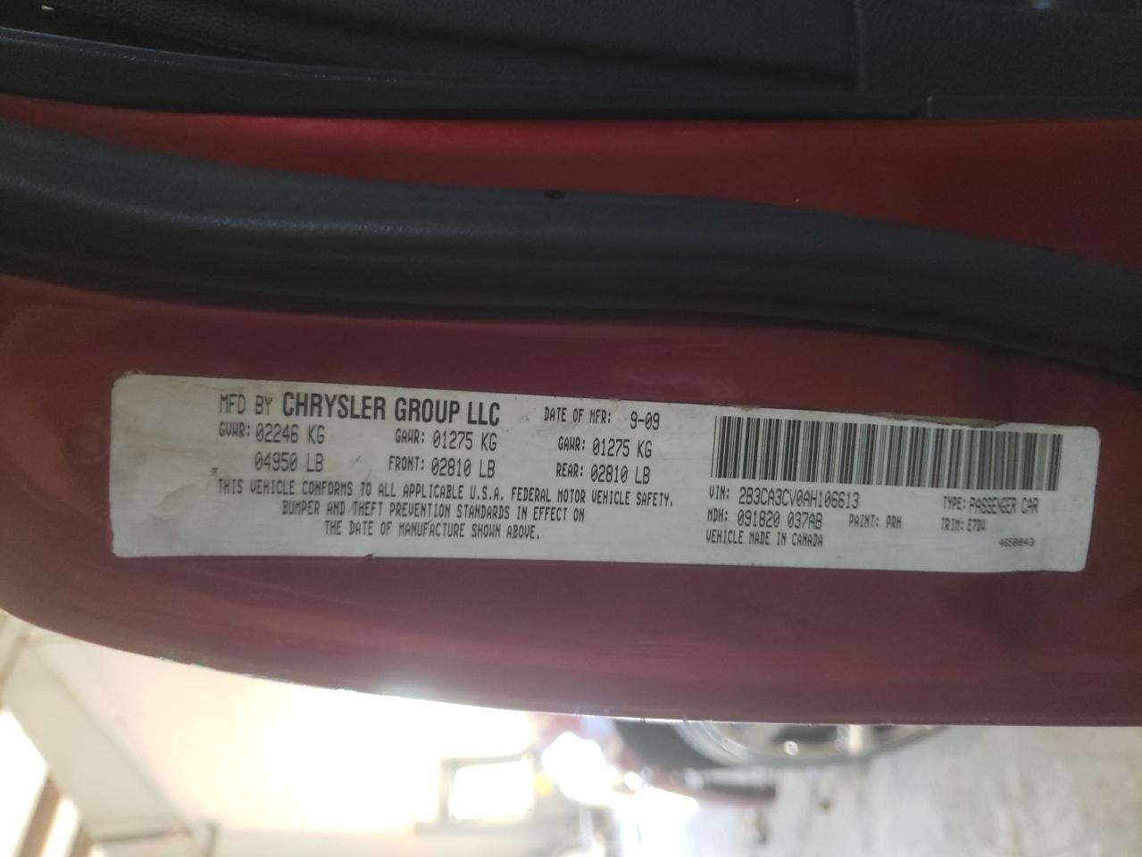 Photo 10 from auction – 2010 DODGE CHARGER with VIN 2B3CA3CV0AH106613