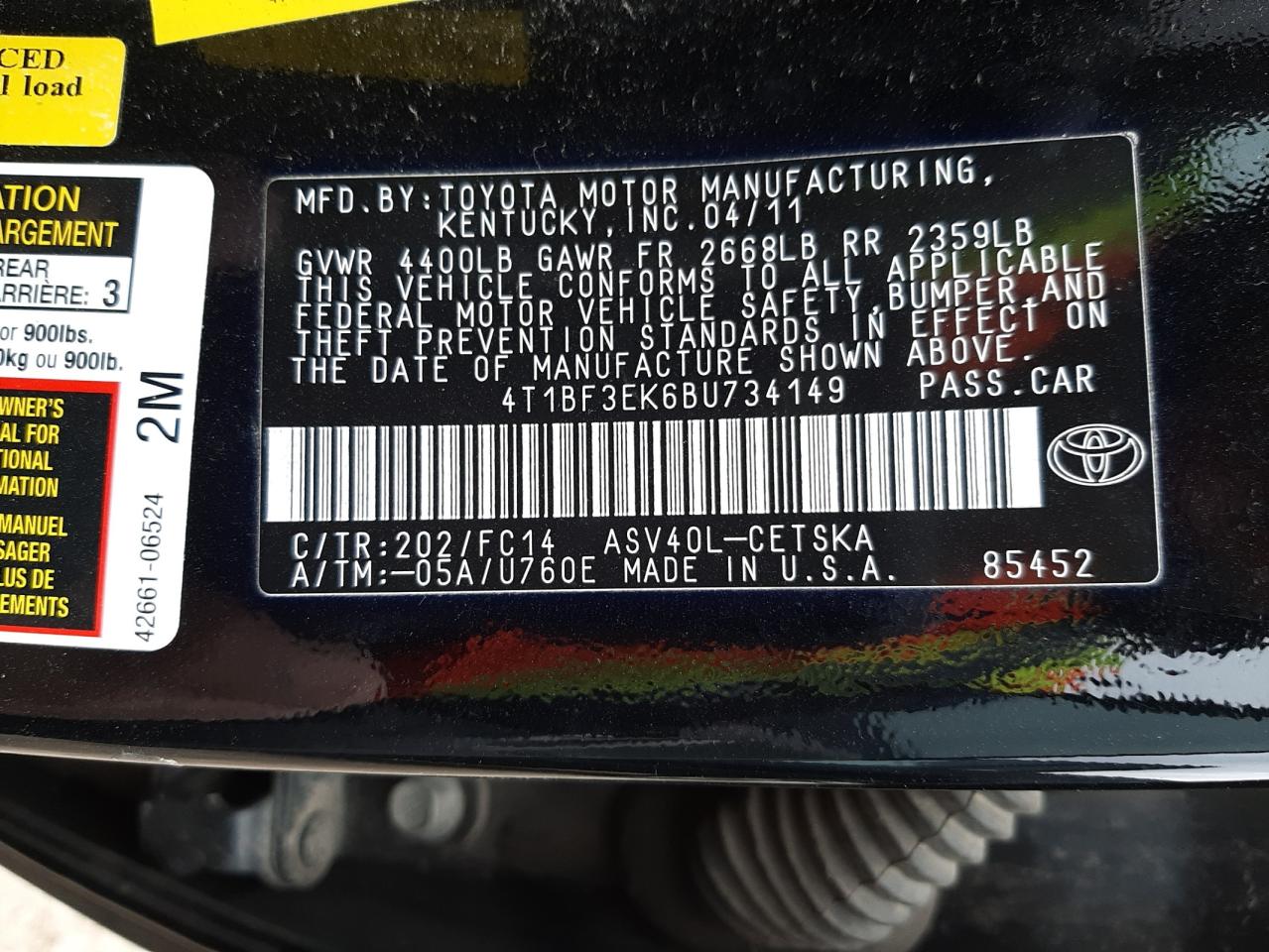 Photo 10 from auction – 2011 TOYOTA CAMRY with VIN 4T1BF3EK6BU734149