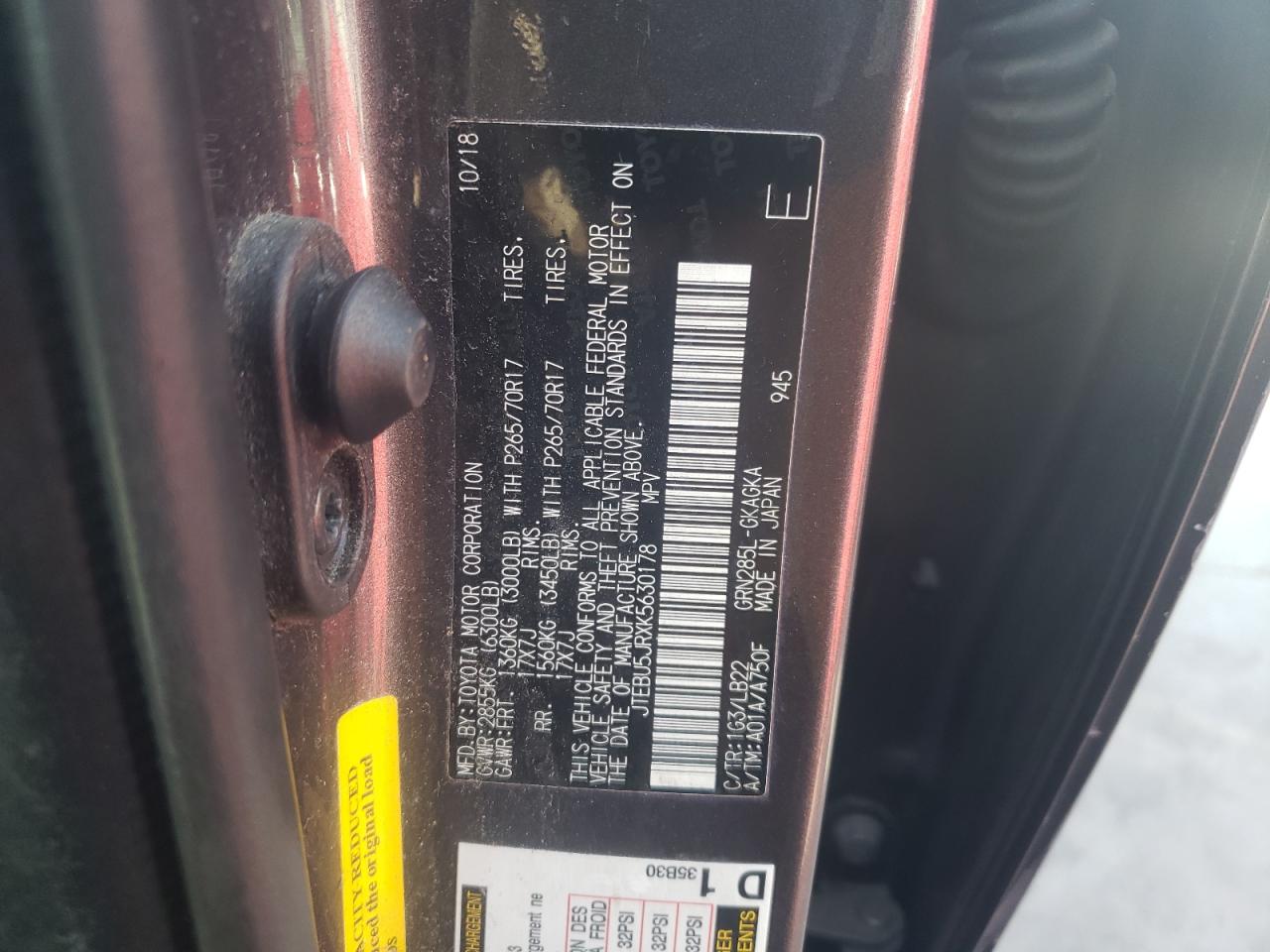 Photo 10 from auction – 2019 TOYOTA 4 RUNNER with VIN JTEBU5JRXK5630178