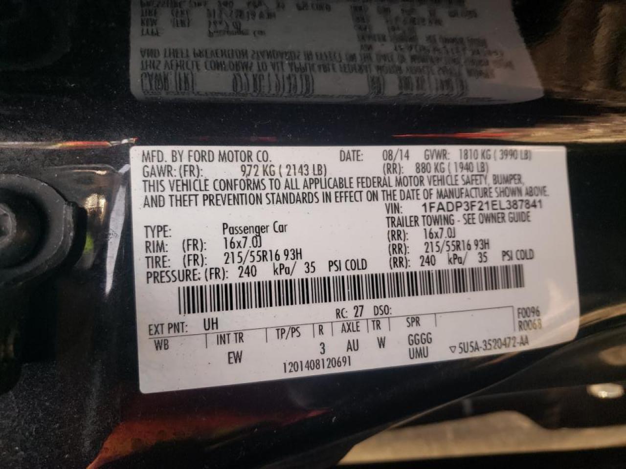 Foto 10 de la subasta – 2014 FORD FOCUS SE con VIN 1FADP3F21EL387841