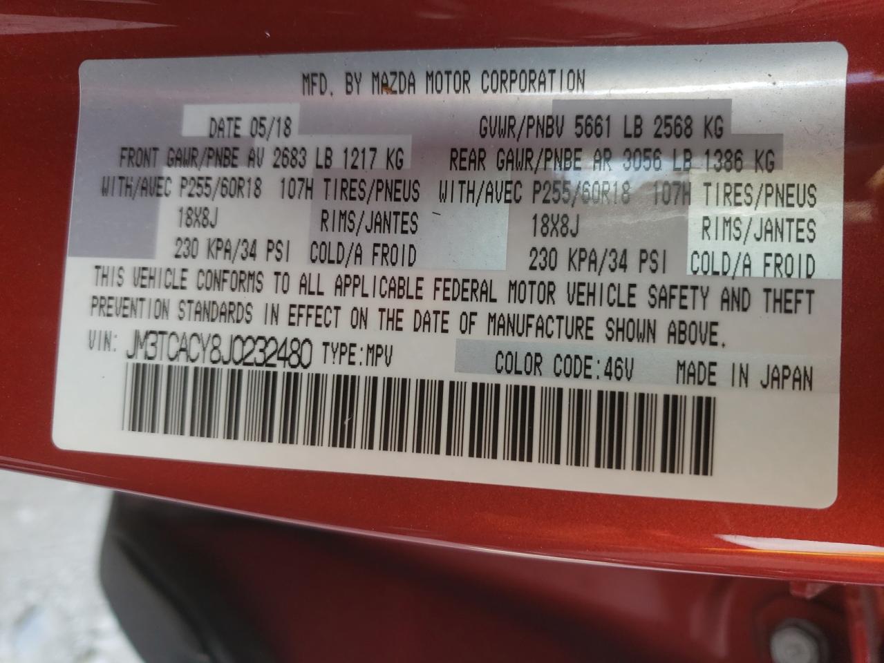 Photo 10 from auction – 2018 MAZDA CX-9 TOURI with VIN JM3TCACY8J0232480