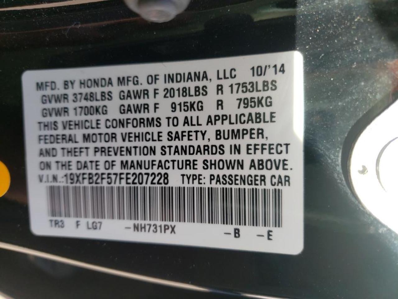 Photo 10 from auction – 2015 HONDA CIVIC LX with VIN 19XFB2F57FE207228