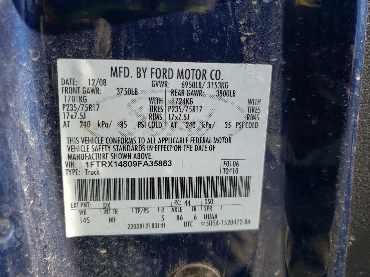 Photo 10 from auction – 2009 FORD F150 SUPER with VIN 1FTRX14809FA35883