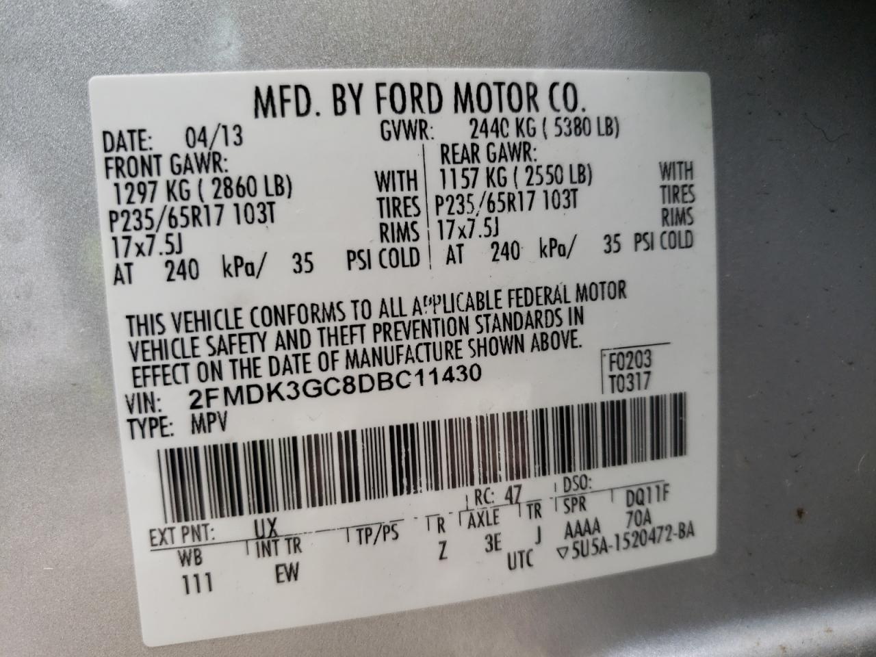 Photo 10 from auction – 2013 FORD EDGE SE with VIN 2FMDK3GC8DBC11430