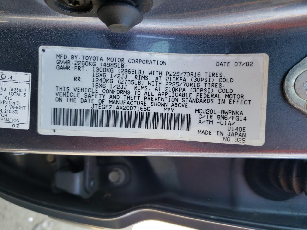 Photo 10 from auction – 2002 TOYOTA HIGHLANDER with VIN JTEGF21AX20071656