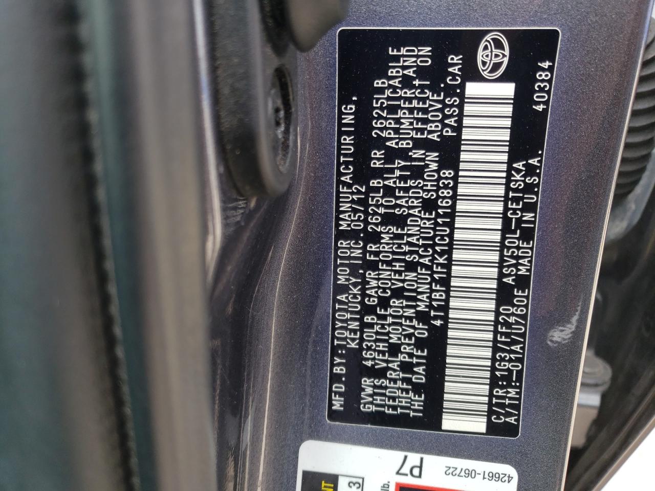 Photo 10 from auction – 2012 TOYOTA CAMRY BASE with VIN 4T1BF1FK1CU116838