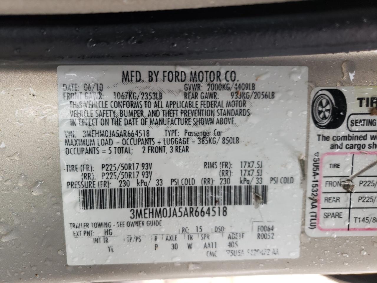 Photo 10 from auction – 2010 MERCURY MILAN PREM with VIN 3MEHM0JA5AR664518