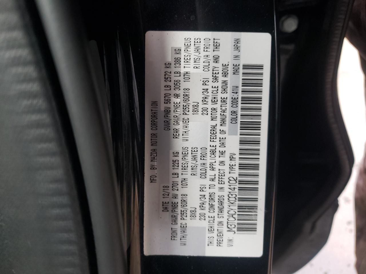 Photo 10 from auction – 2019 MAZDA CX-9 TOURI with VIN JM3TCACY1K0314102
