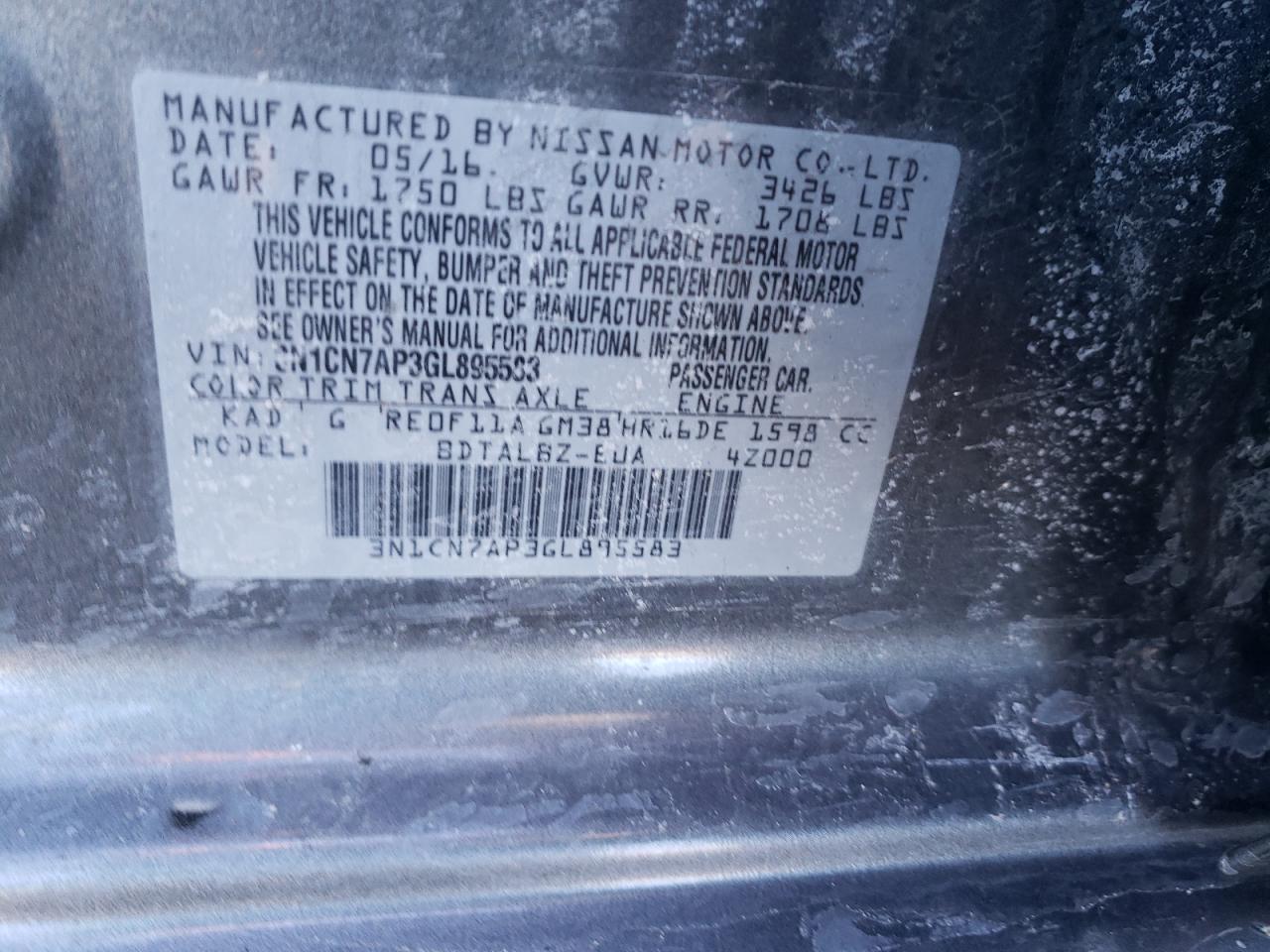Photo 10 from auction – 2016 NISSAN VERSA S with VIN 3N1CN7AP3GL895583