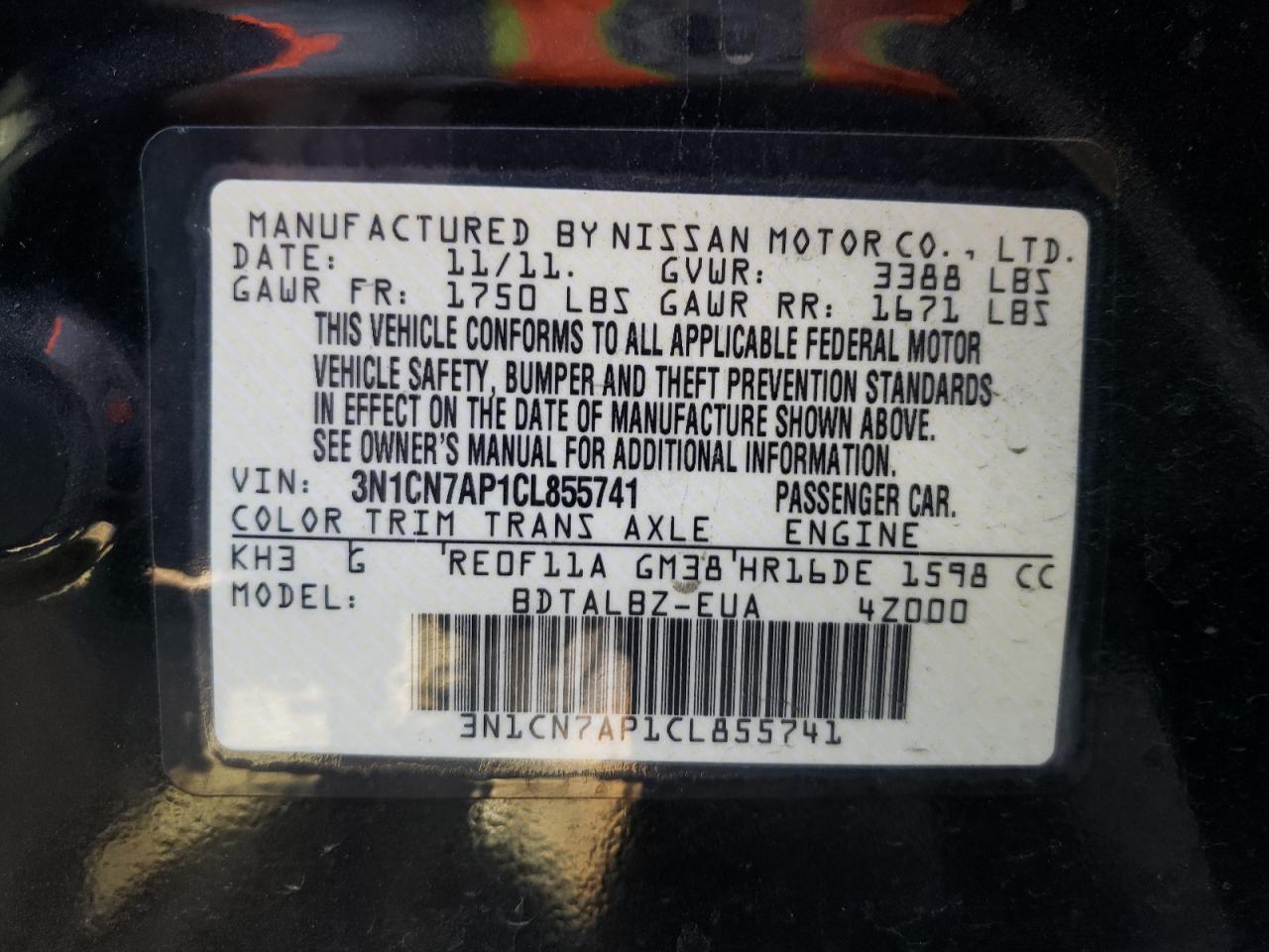 Photo 10 from auction – 2012 NISSAN VERSA S with VIN 3N1CN7AP1CL855741