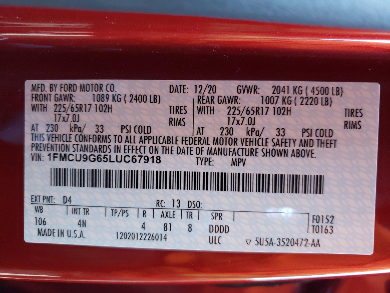 Photo 10 from auction – 2020 FORD ESCAPE SE with VIN 1FMCU9G65LUC67918
