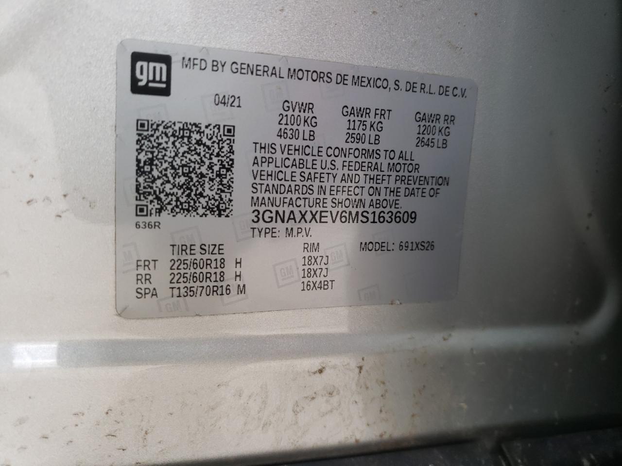 Photo 10 from auction – 2021 CHEVROLET EQUINOX PR with VIN 3GNAXXEV6MS16309