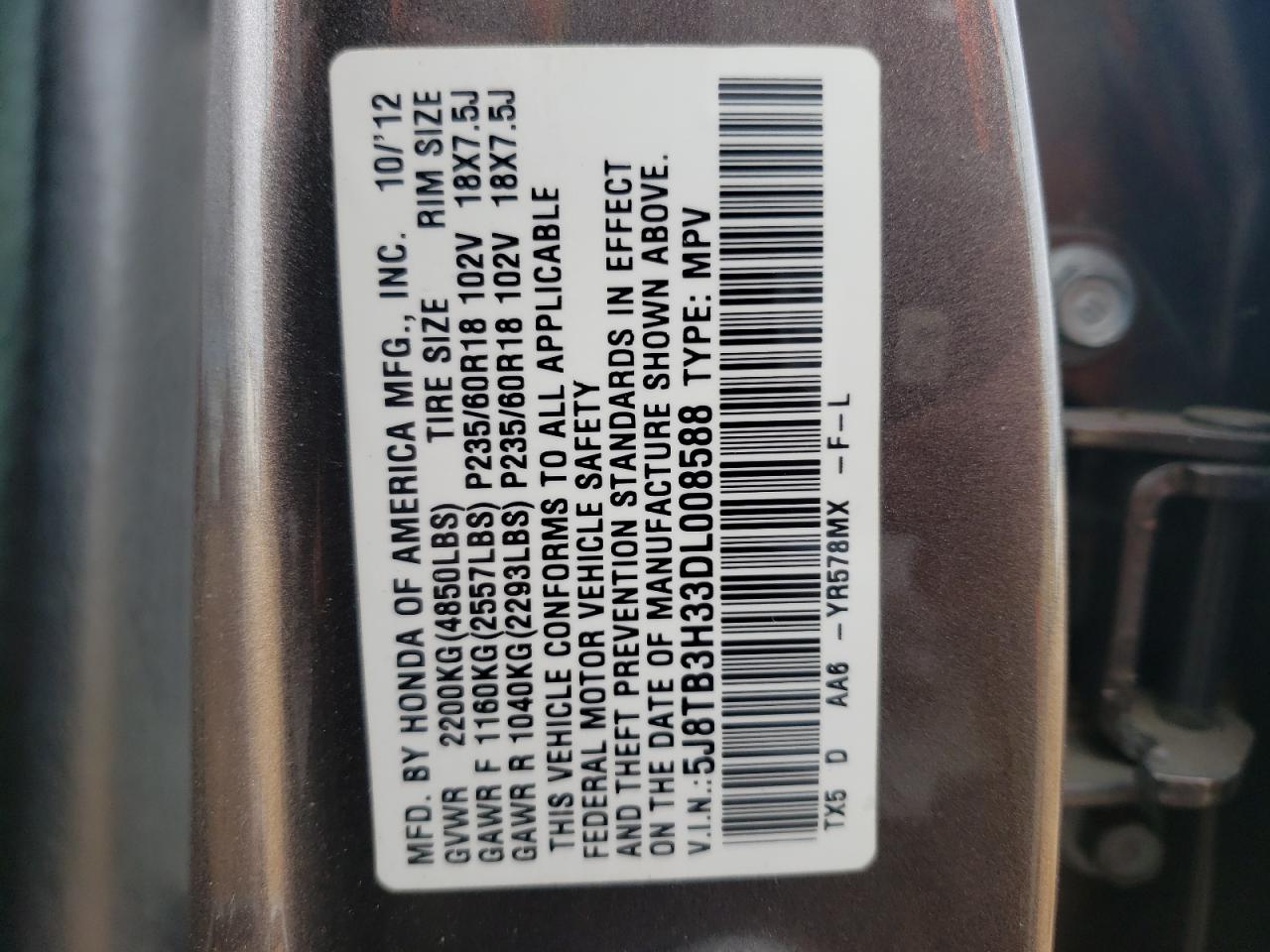 Photo 10 from auction – 2013 ACURA RDX with VIN 5J8TB3H33DL008588