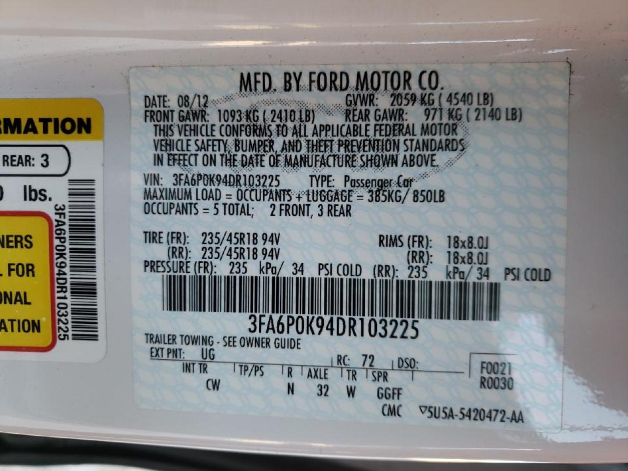 Photo 10 from auction – 2013 FORD FUSION TIT with VIN 3FA6P0K94DR103225