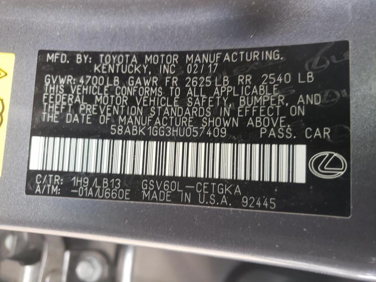 Photo 10 from auction – 2017 LEXUS ES 350 with VIN 58ABK1GG3HU057409
