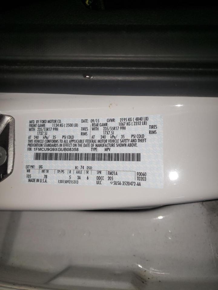 Photo 10 from auction – 2016 FORD ESCAPE SE with VIN 1FMCU9G9XGUB08358