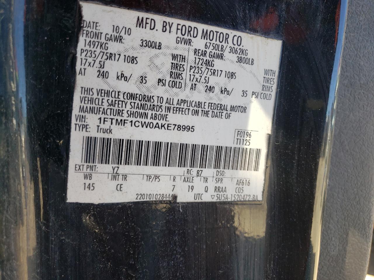 Zdjęcie 10 z aukcji – 2010 FORD F150 z VIN 1FTMF1CW0AKE78995