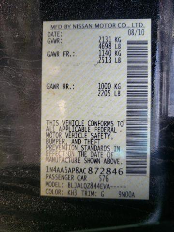 Photo 10 from auction – 2010 NISSAN MAXIMA S with VIN 1N4AA5AP8AC872846