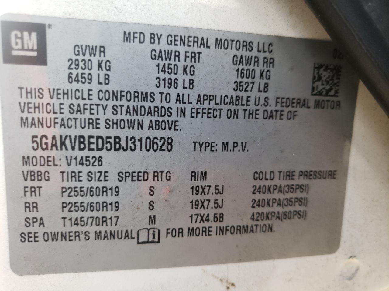 Photo 10 from auction – 2011 BUICK ENCLAVE CX with VIN 5GAKVBED5BJ310628