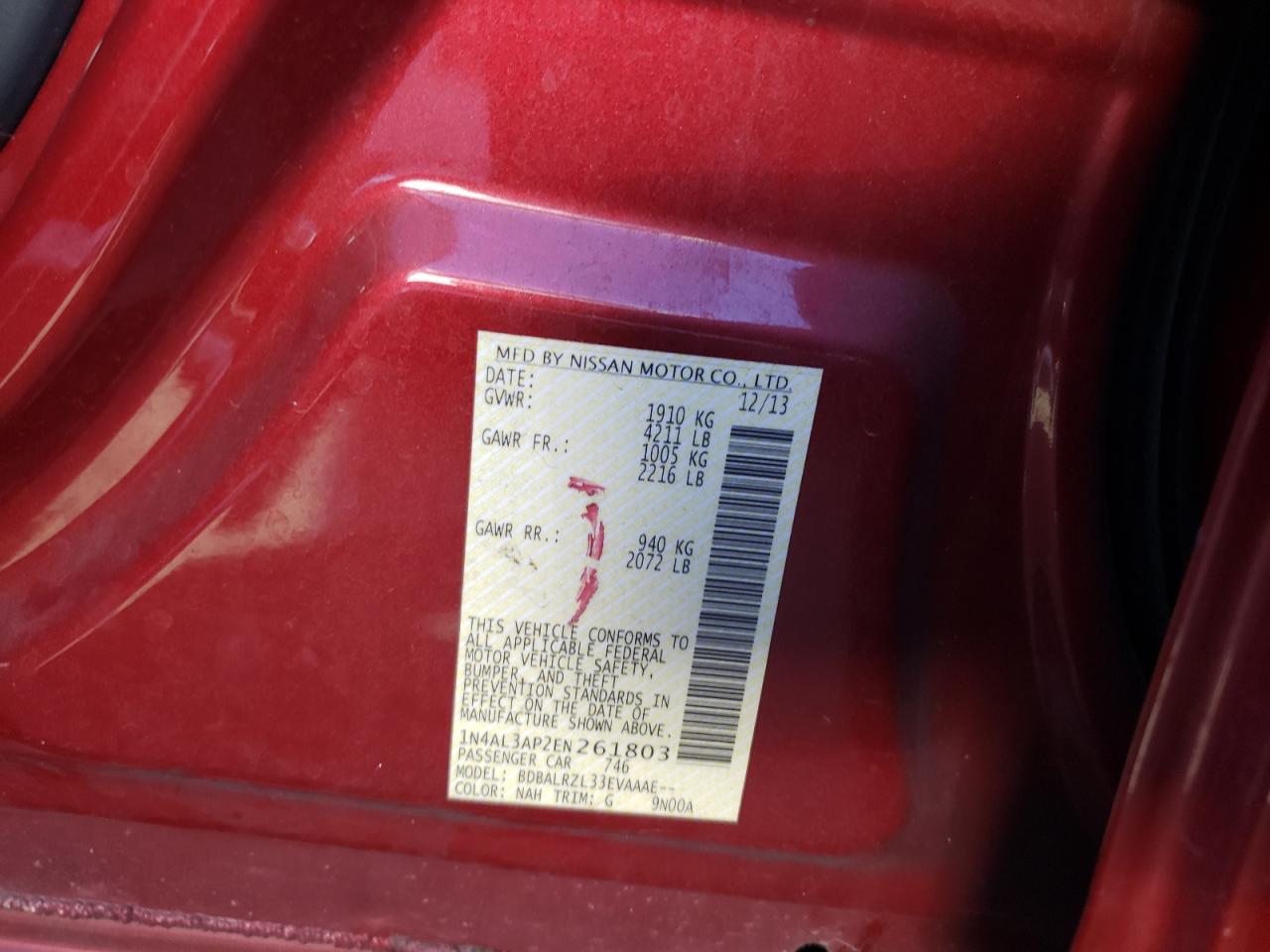 Photo 10 from auction – 2014 NISSAN ALTIMA 2.5 with VIN 1N4AL3AP2EN261803