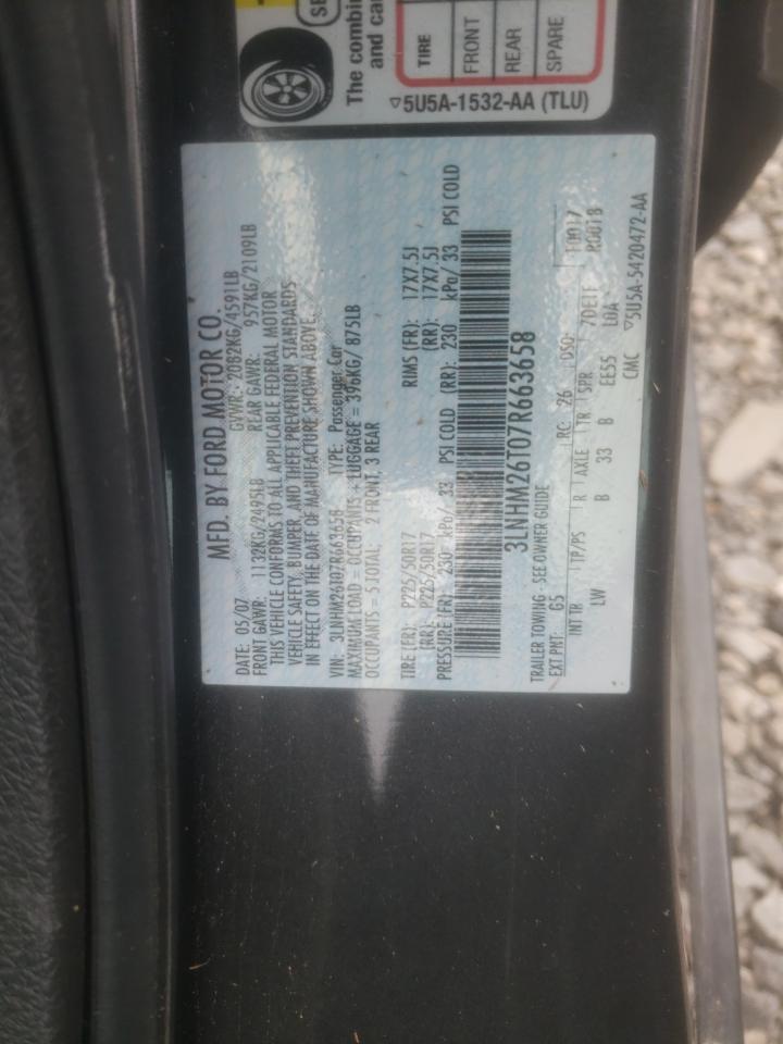 Photo 10 from auction – 2007 LINCOLN MKZ with VIN 3LNHM26T07R663658