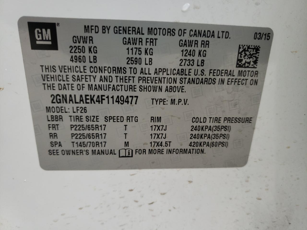 Photo 10 from auction – 2015 CHEVROLET EQUINOX LS with VIN 2GNALAEK4F1149477