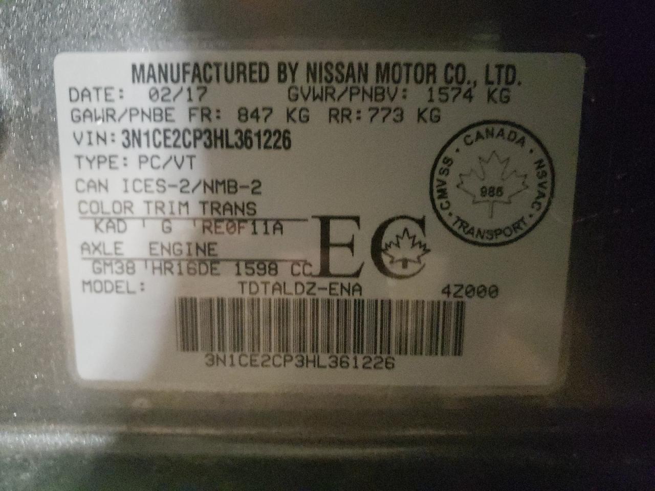 Photo 10 from auction – 2017 NISSAN VERSA NOTE with VIN 3N1CE2CP3HL361226