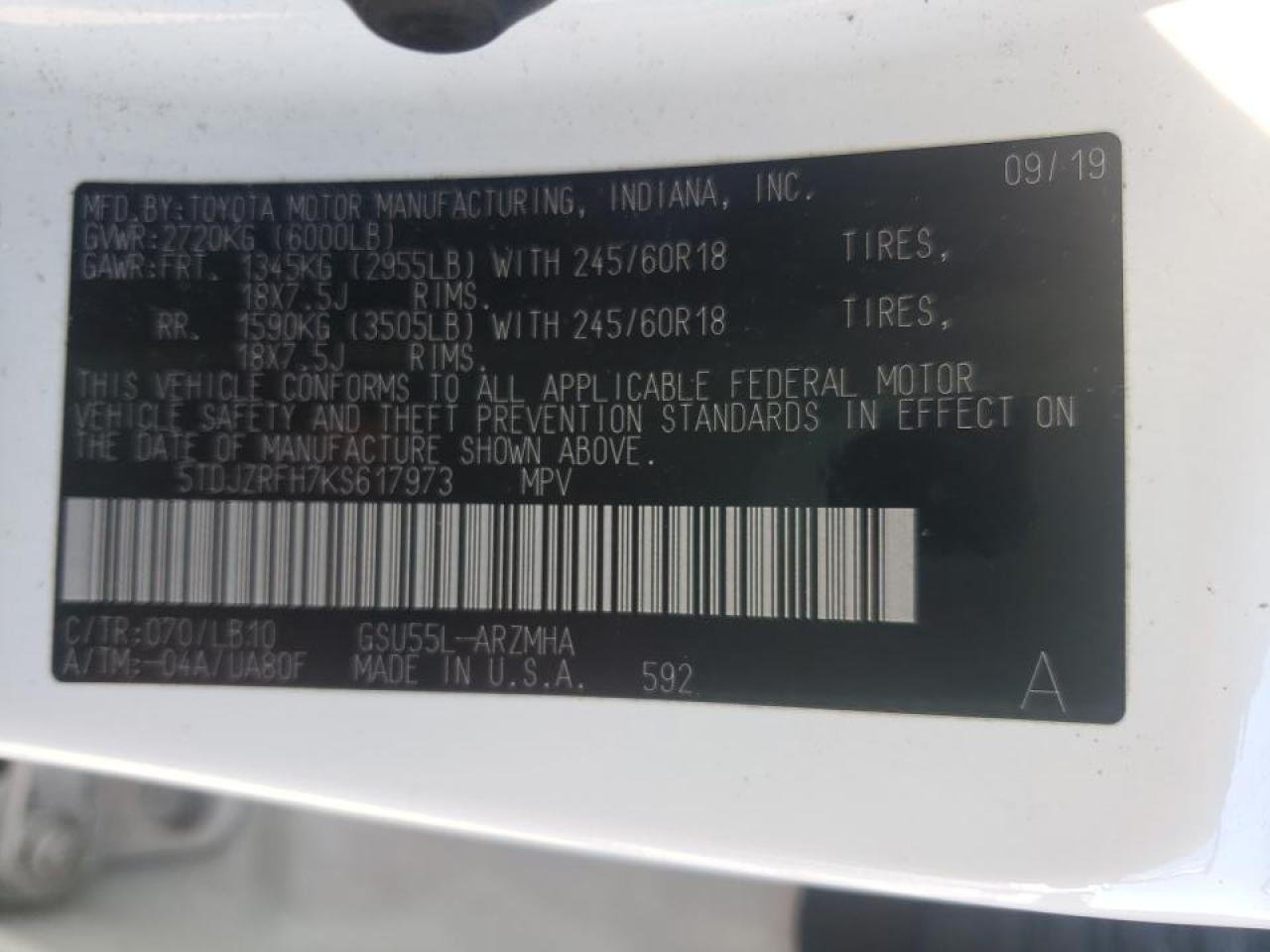 Photo 10 from auction – 2019 TOYOTA HIGHLANDER with VIN 5TDJZRFH7KS617973