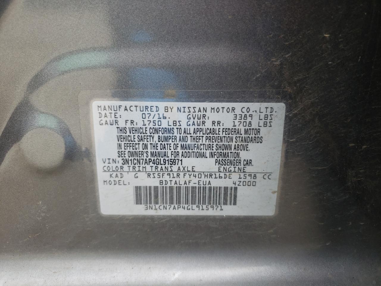 Photo 10 from auction – 2016 NISSAN VERSA S with VIN 3N1CN7AP4GL915971