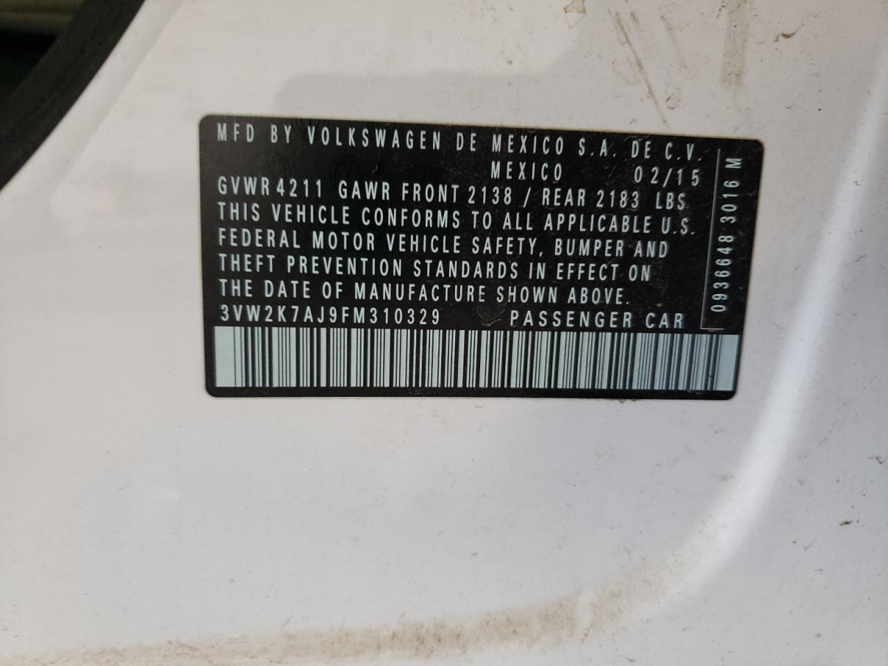 Photo 10 from auction – 2015 VOLKSWAGEN JETTA BASE with VIN 3VW2K7AJ9FM310329