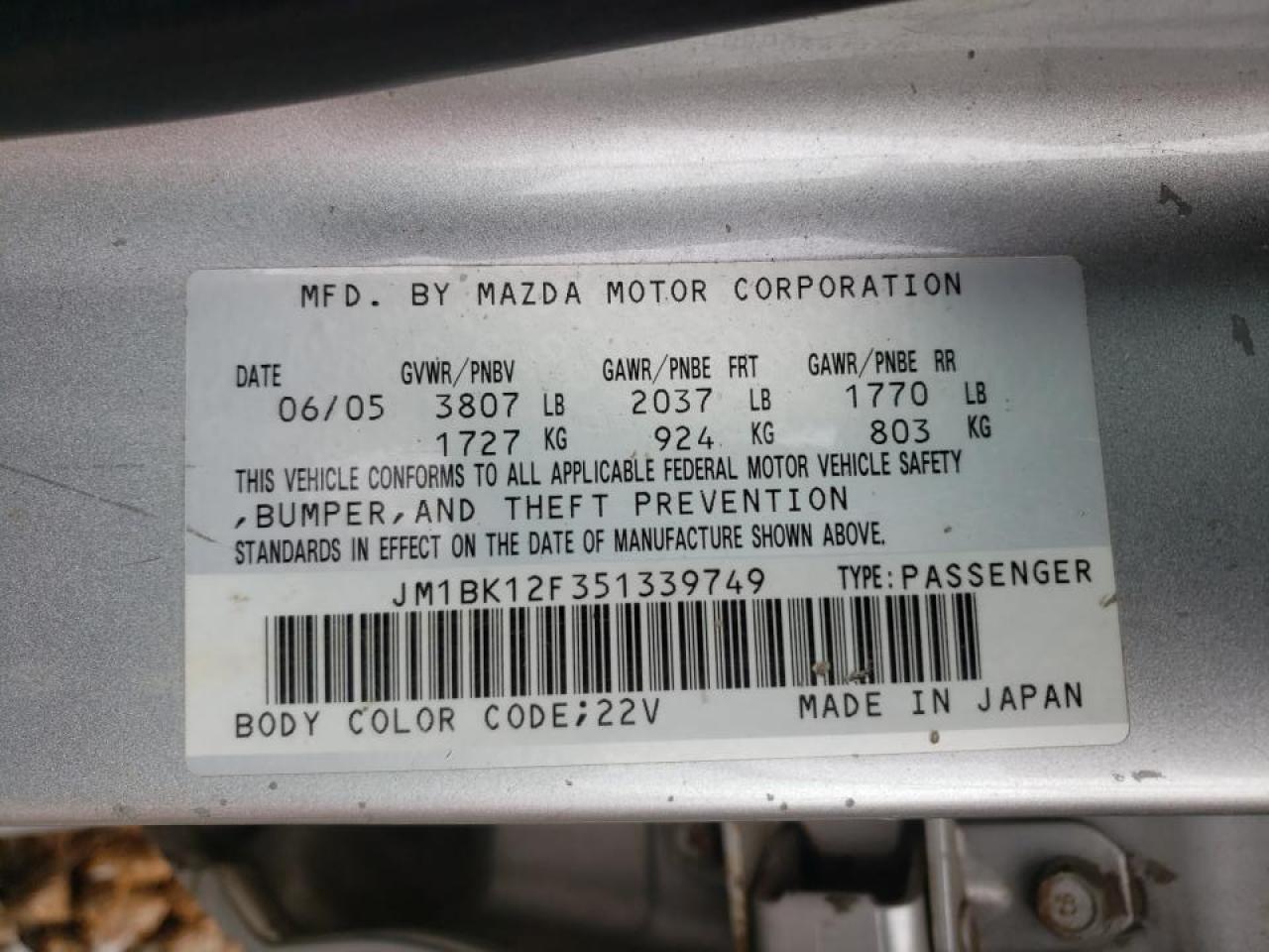Photo 10 from auction – 2005 MAZDA 3 I with VIN JM1BK12F351339749