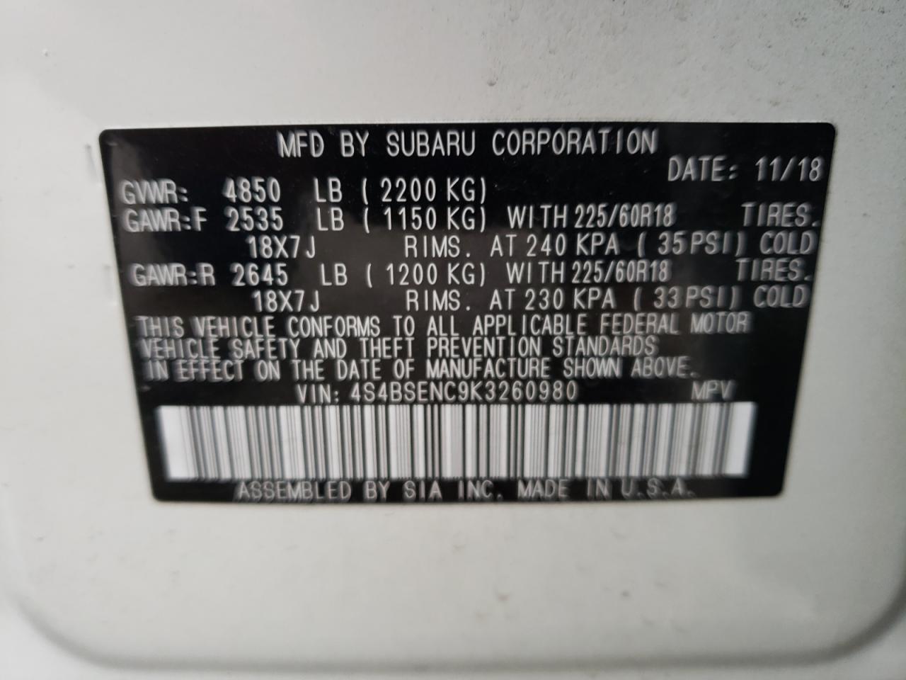 Photo 10 from auction – 2019 SUBARU OUTBACK 3. with VIN 4S4BSENC9K3260980