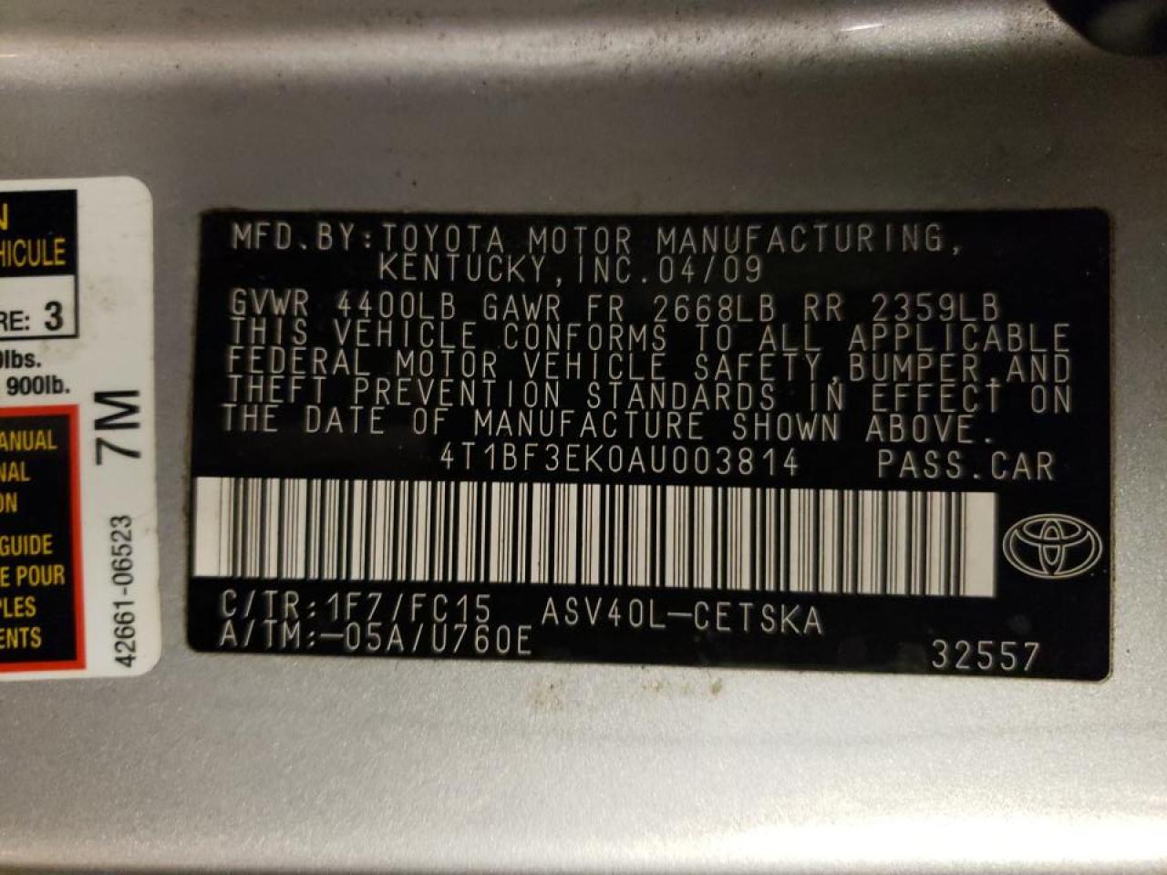 Photo 10 from auction – 2010 TOYOTA CAMRY BASE with VIN 4T1BF3EK0AU003814
