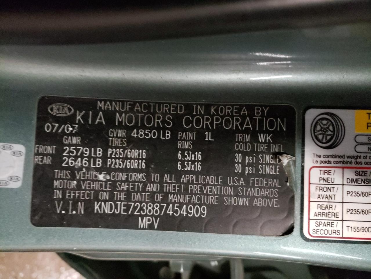 Photo 10 from auction – 2008 KIA SPORTAGE E with VIN KNDJE723887454909