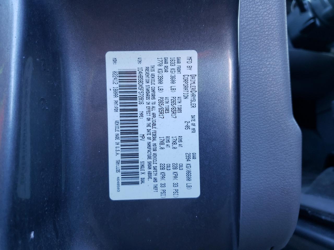 Photo 10 from auction – 2005 DODGE DURANGO with VIN 1D4HB58DX5F572816