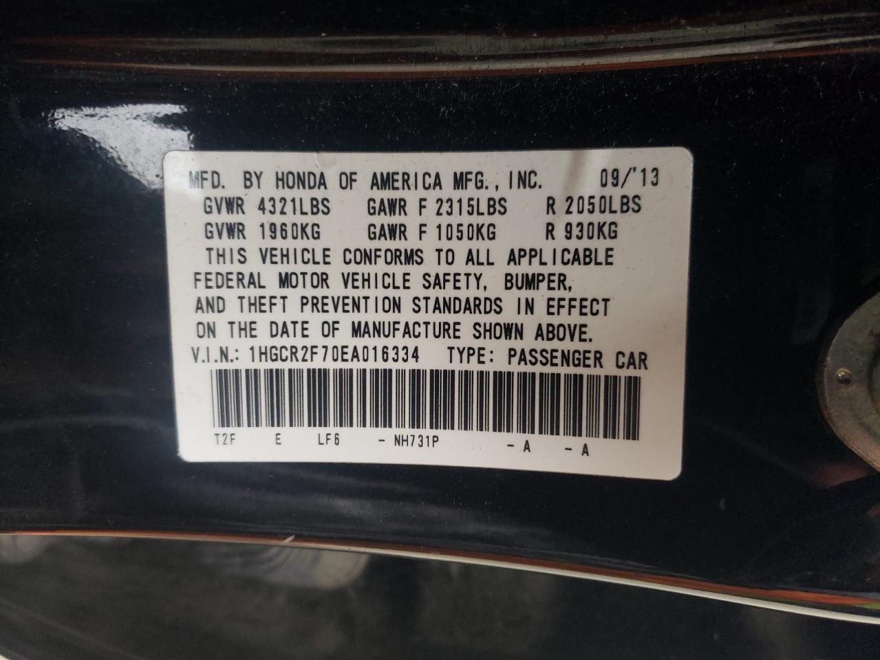 Photo 10 from auction – 2014 HONDA ACCORD EX with VIN 1HGCR2F70EA016334