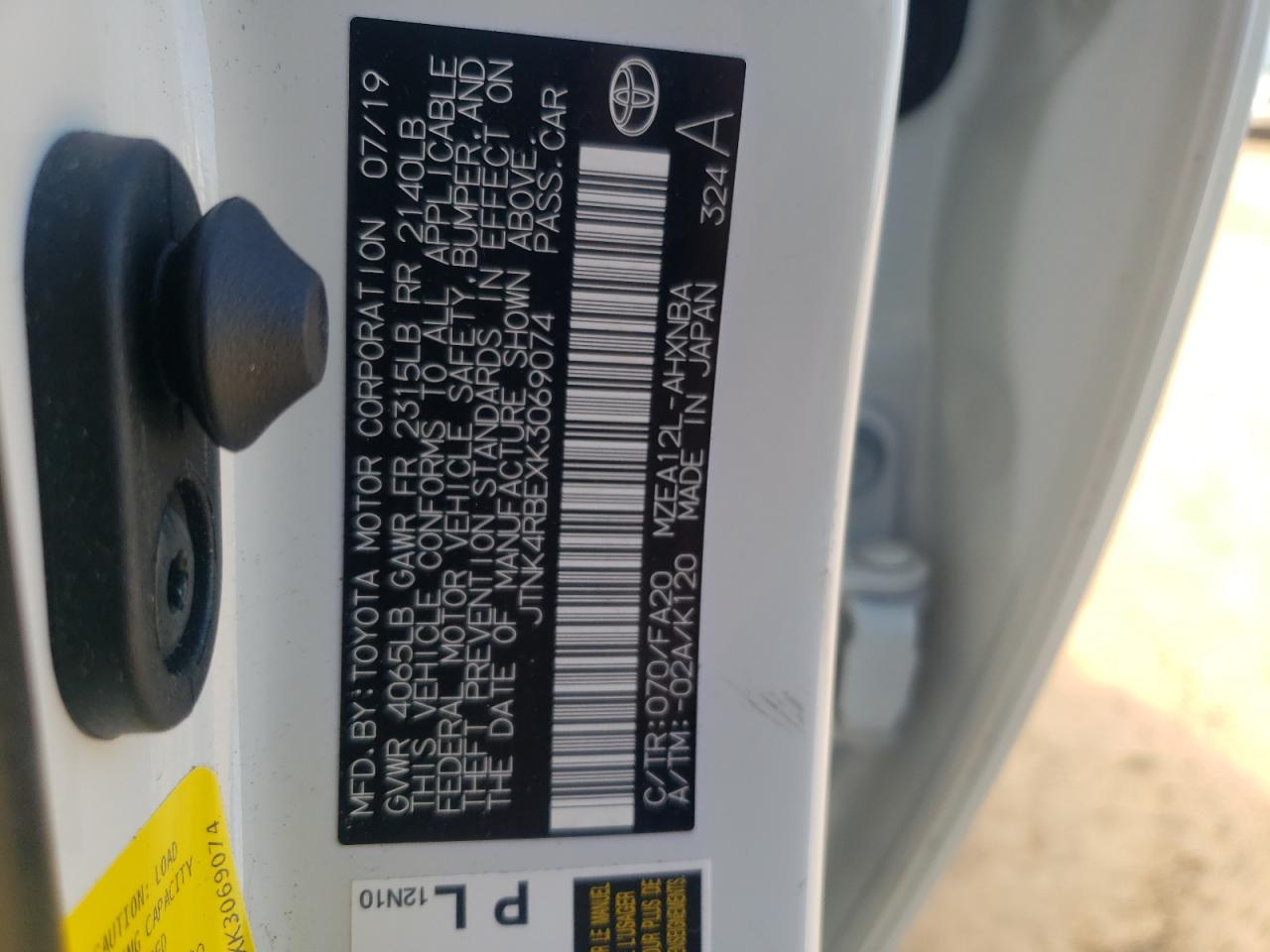 Photo 10 from auction – 2019 TOYOTA COROLLA SE with VIN JTNK4RBEXK3069074