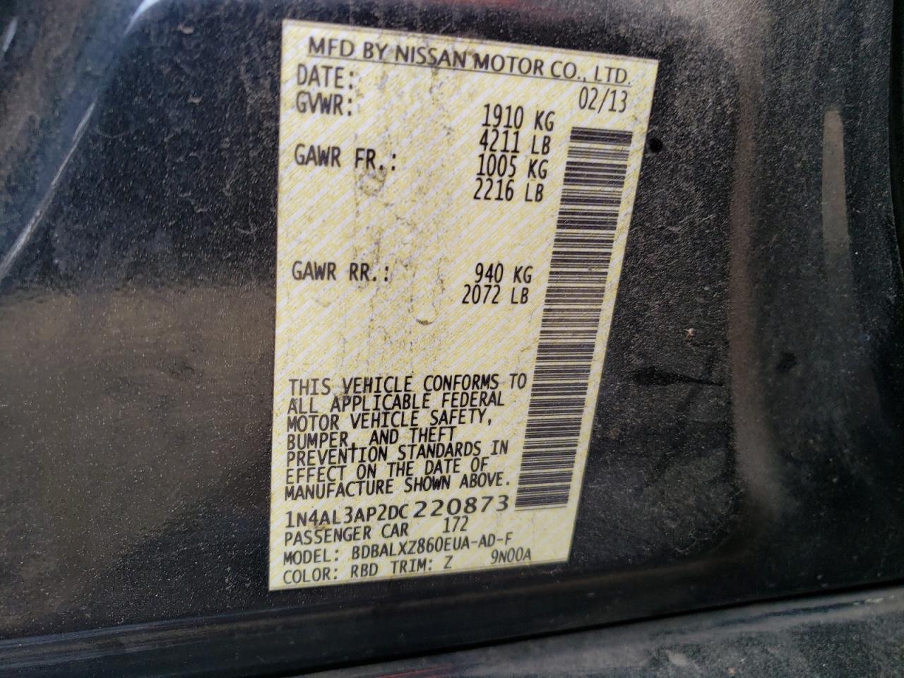 Photo 10 from auction – 2013 NISSAN ALTIMA 2.5 with VIN 1N4AL3AP2DC220873