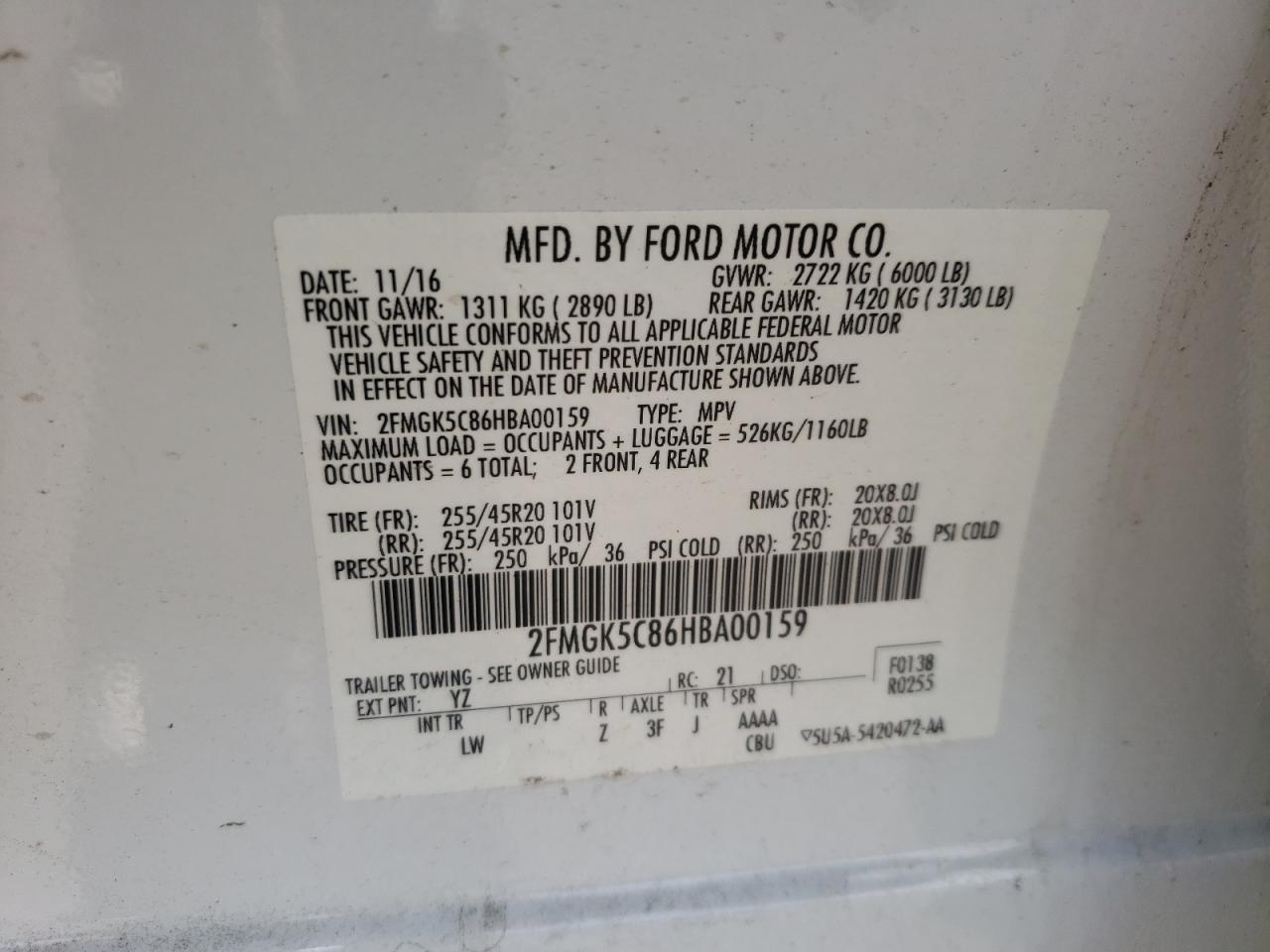 Photo 10 from auction – 2017 FORD FLEX SEL with VIN 2FMGK5C86HBA00159