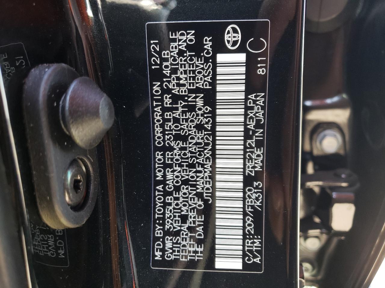 Photo 10 from auction – 2022 TOYOTA COROLLA LE with VIN JTDEPMAEXNJ214319