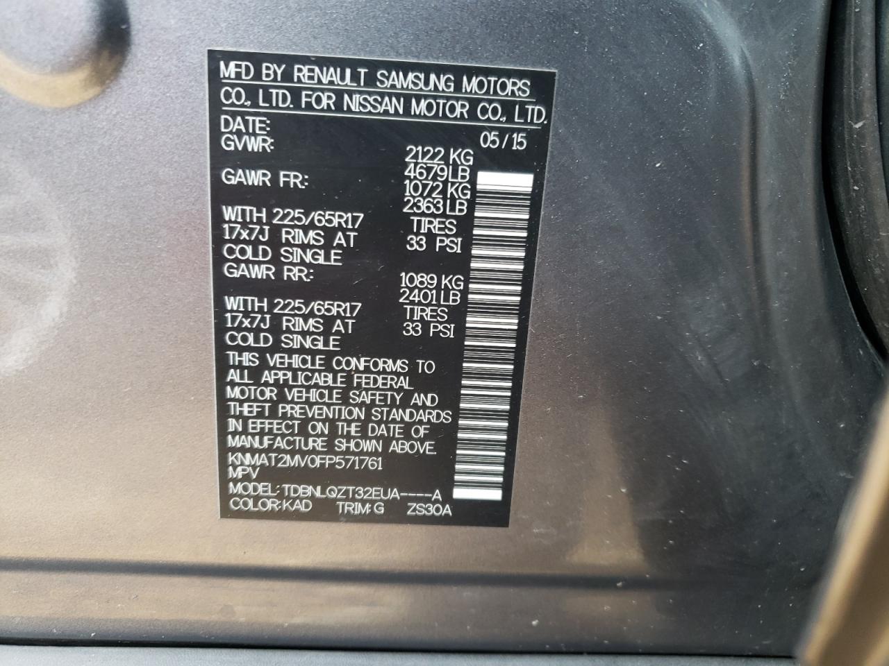 Photo 10 from auction – 2015 NISSAN ROGUE S with VIN KNMAT2MV0FP571761