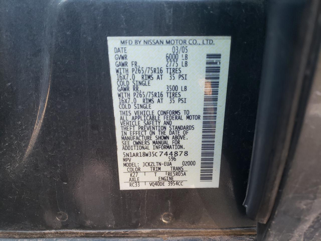 Photo 10 from auction – 2005 NISSAN PATHFINDER with VIN 5N1AR18W35C744878