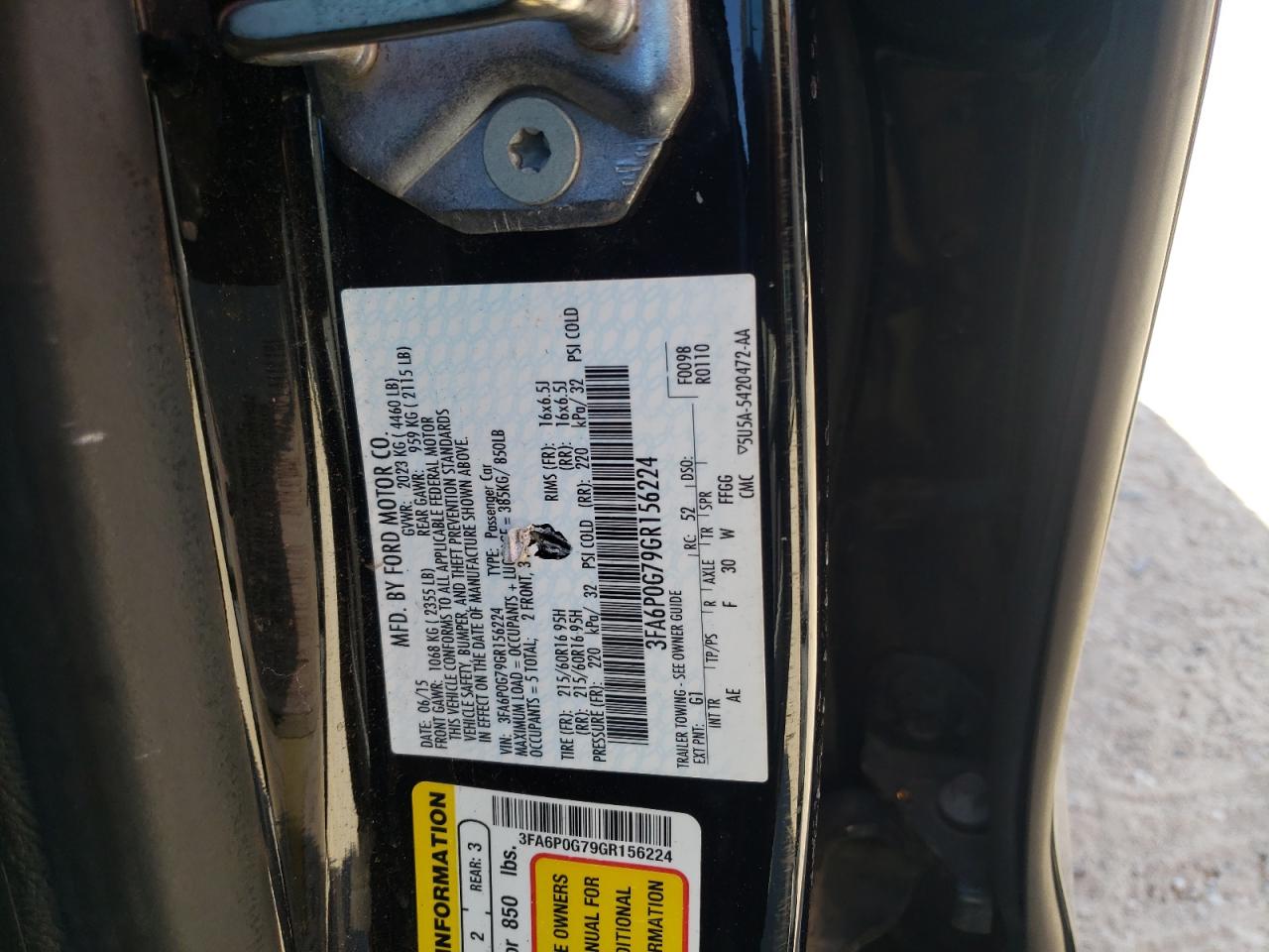 Photo 10 from auction – 2016 FORD FUSION S with VIN 3FA6P0G79GR156224