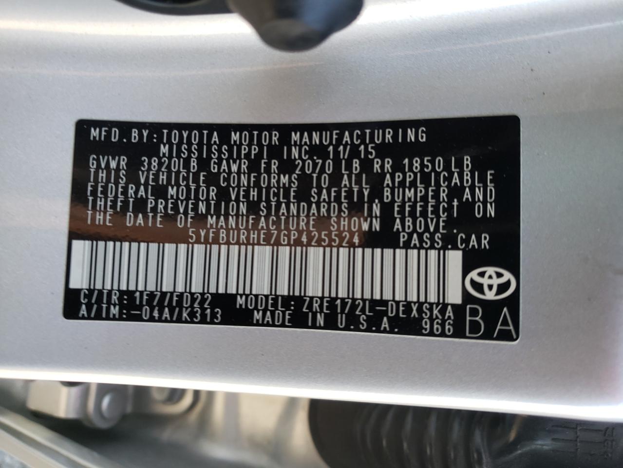 Photo 10 from auction – 2016 TOYOTA COROLLA L with VIN 5YFBURHE7GP425524