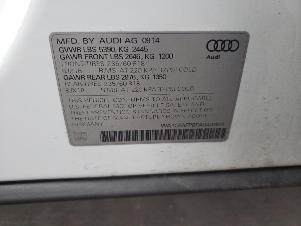 Photo 10 from auction – 2015 AUDI Q5 PREMIUM with VIN WA1CFAFP8FA044864