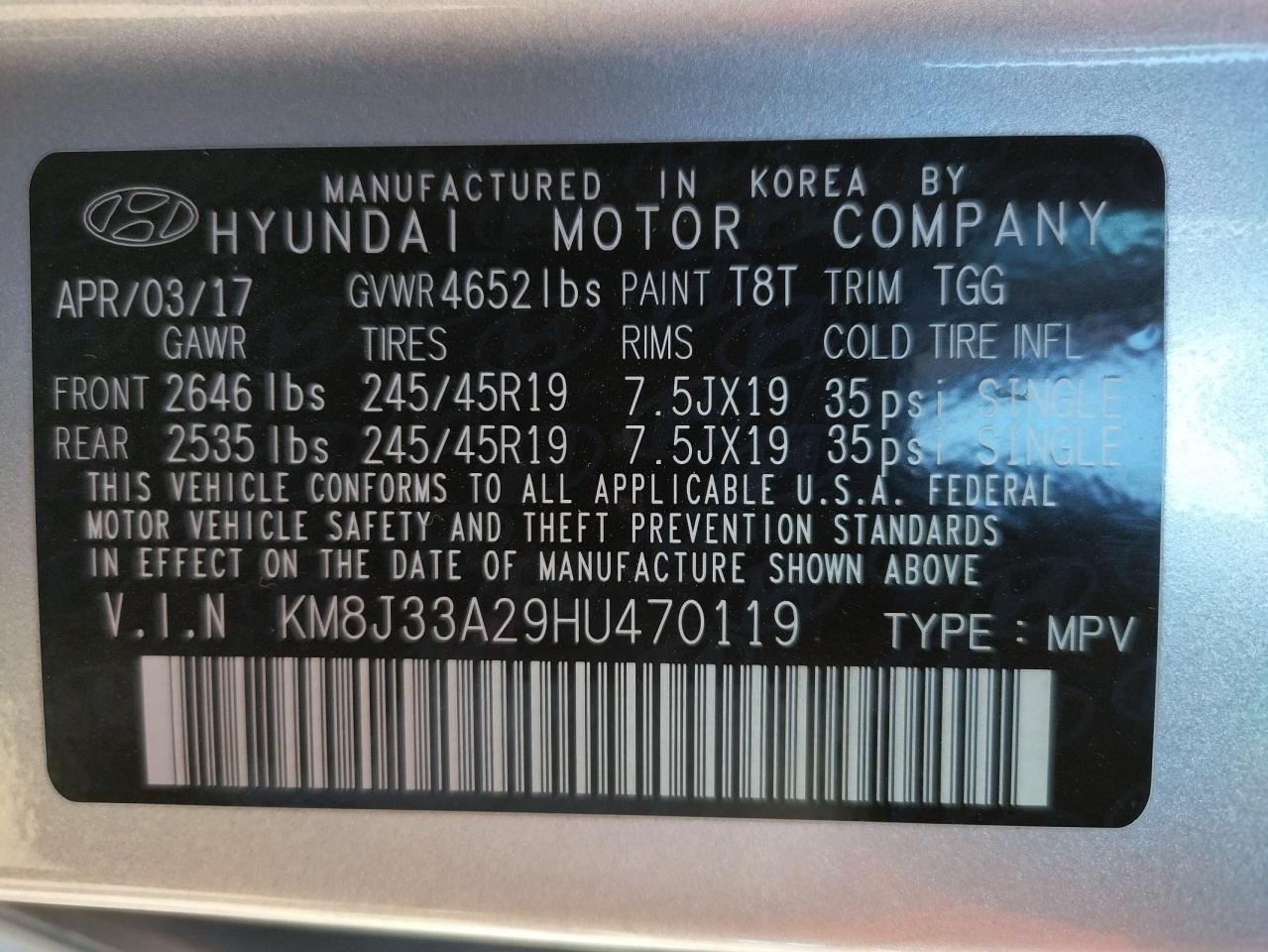 Photo 10 from auction – 2017 HYUNDAI TUCSON LIM with VIN KM8J33A29HU470119