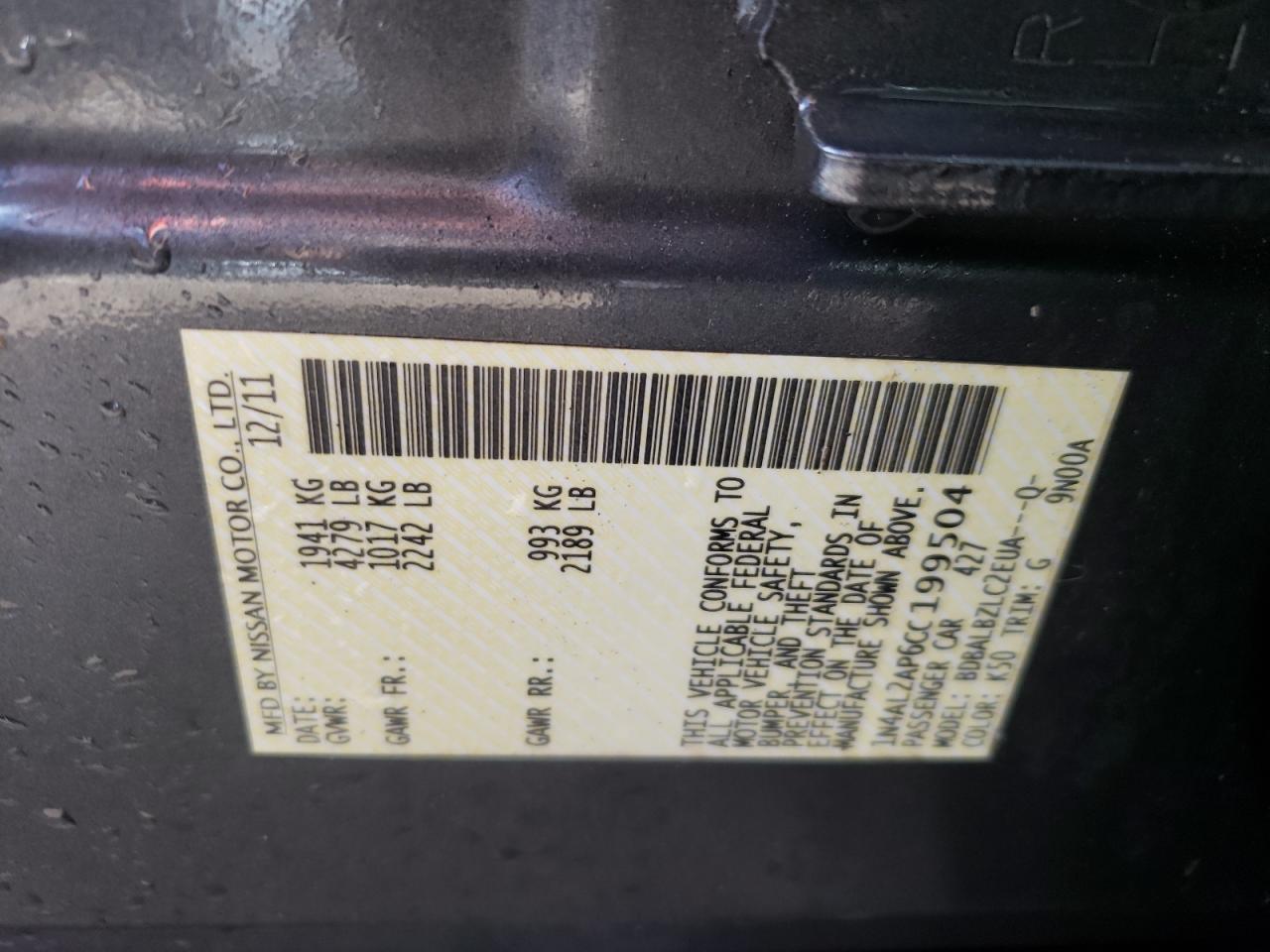 Photo 10 from auction – 2012 NISSAN ALTIMA BAS with VIN 1N4AL2AP6CC199504